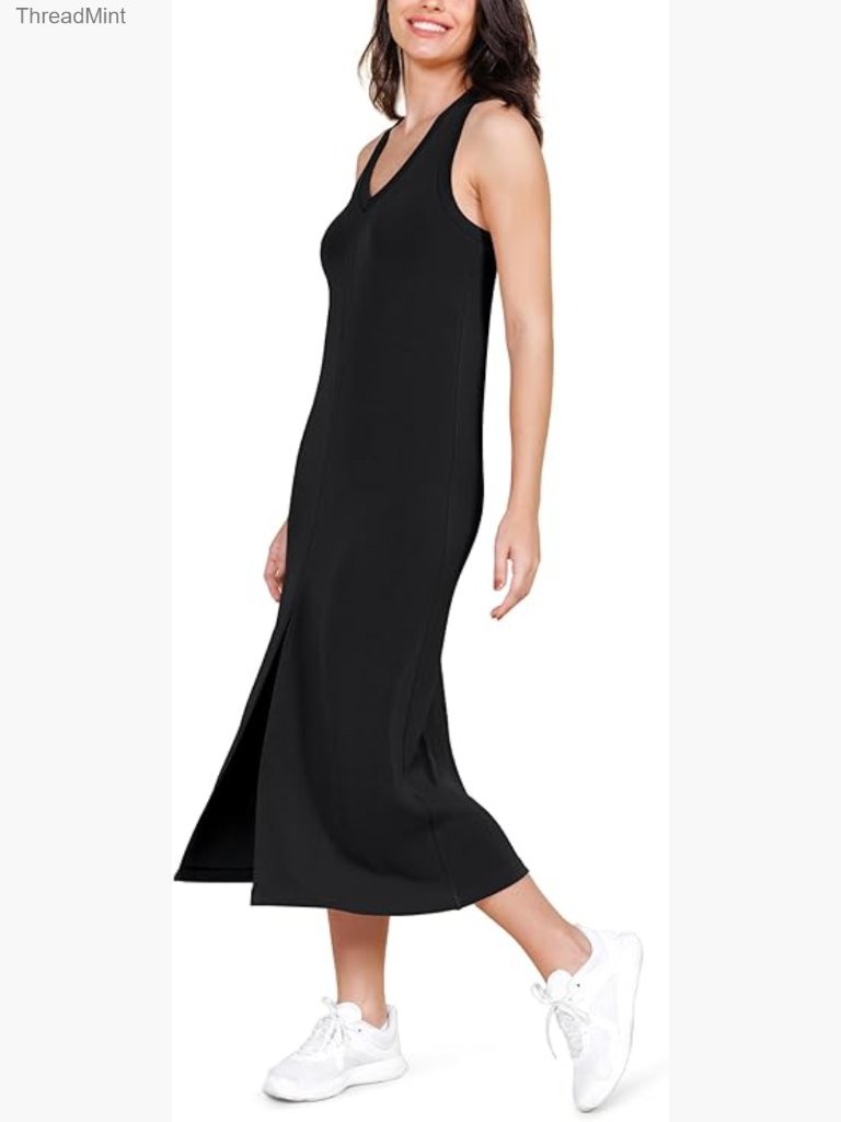 Modal V-Neck Midi Dress, Front Slit, Racerback, Summer Casual
